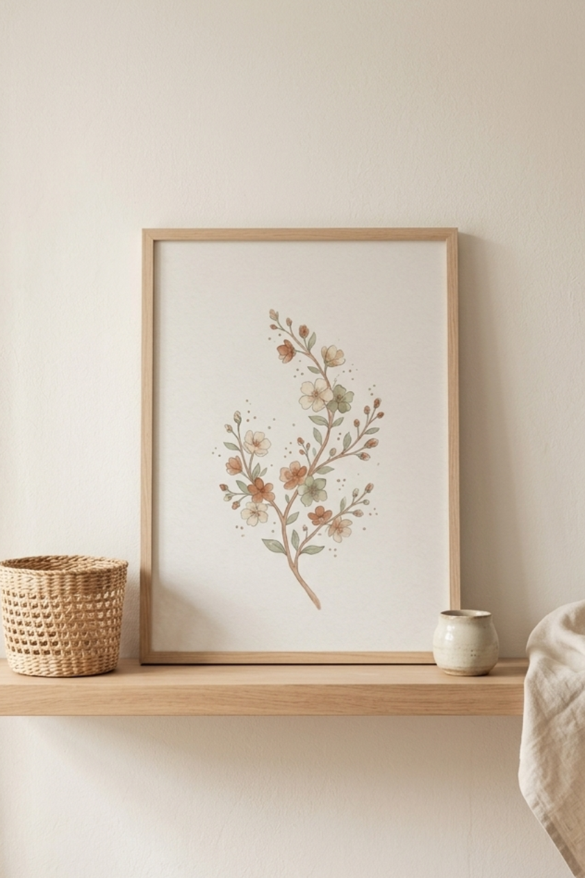 A natural wood nursery shelf styled with a small woven rattan basket, a tiny ceramic vessel, and one framed vertical botanical watercolor print leaning against the wall, soft natural sidelight, warm white background wall, a folded linen cloth on the shelf edge, calm and minimal, editorial interior photography