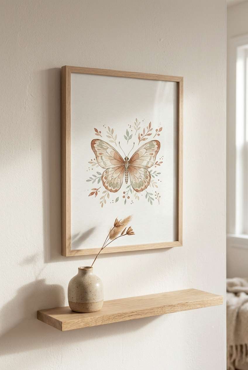 One framed vertical botanical watercolor print on a warm white wall, a narrow natural wood shelf below it holding a small raw stoneware ceramic vase with a single dried stem, soft window light from the right casting a gentle shadow, shallow depth of field, warm and intimate, editorial interior photography